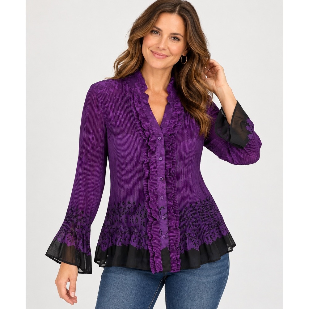 Apt. 9 Blouse Womens XL Purple Black Damask Pleated Ruffle Bell Whimsigoth